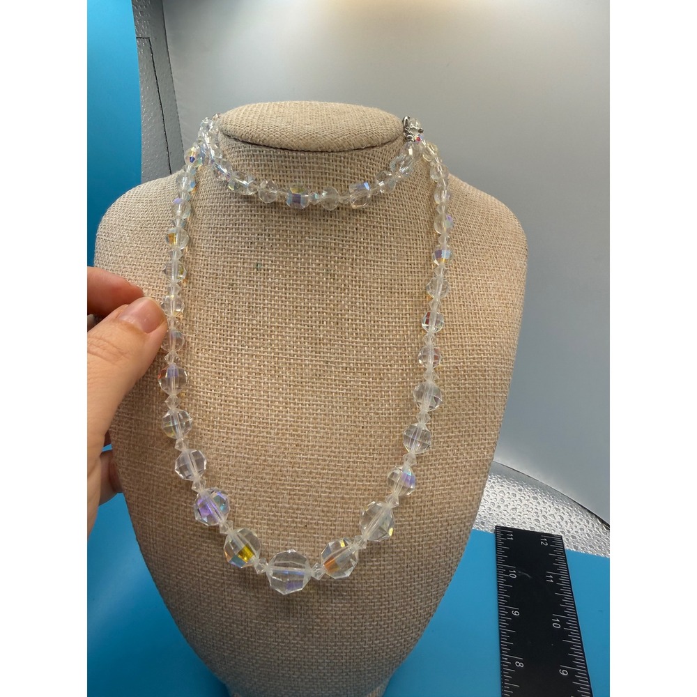 Vintage Aurora Borealis Crystal Bead Necklace and Bracelet Set Iridescent‎ Glass